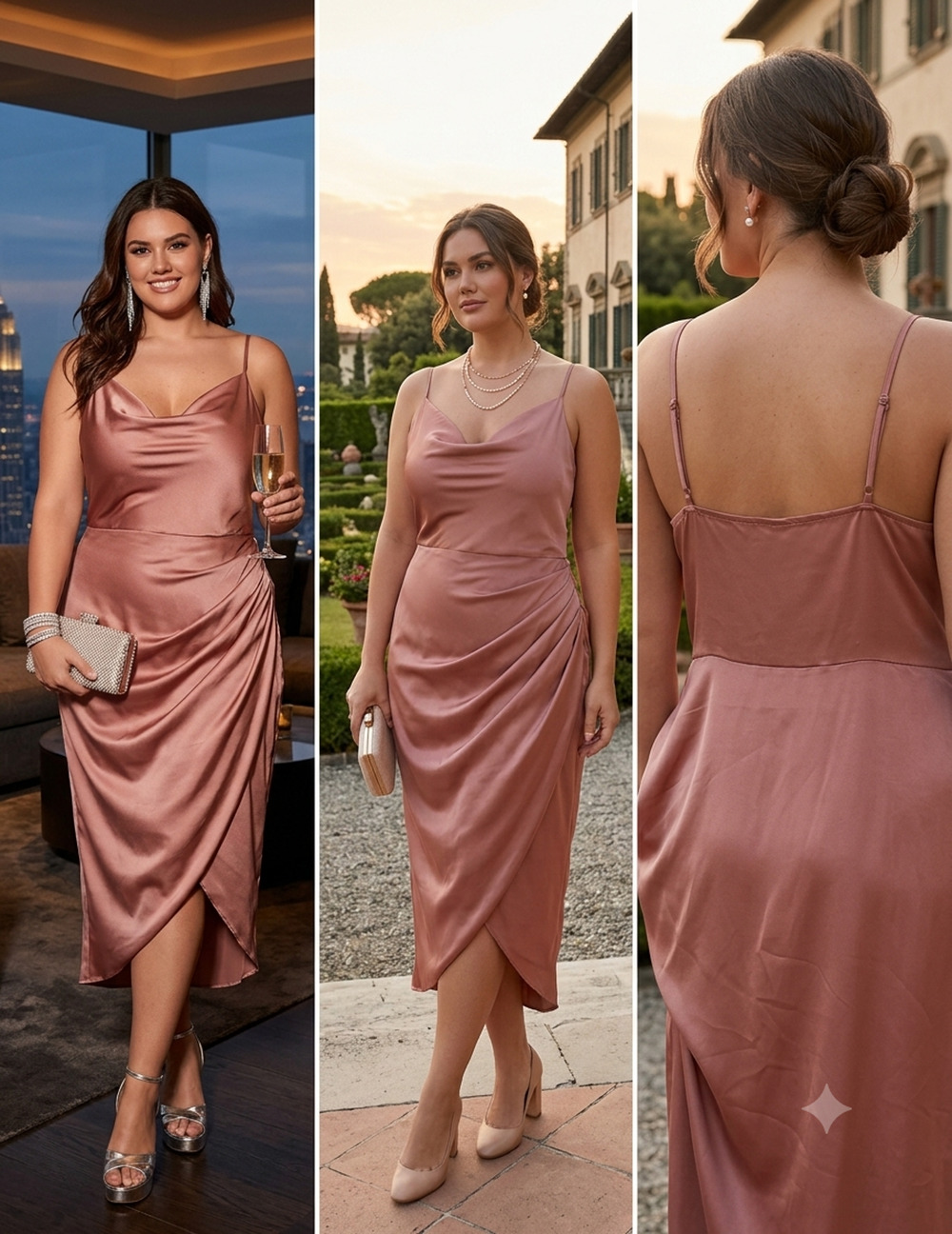 Blush-colored satin cowl-neck cocktail dress straps draped tulip hem Plus 3X